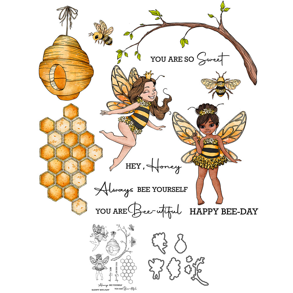 Sweet Honey And Bee Girl Fairy Cutting Dies And Stamp Set YX1131-S+D