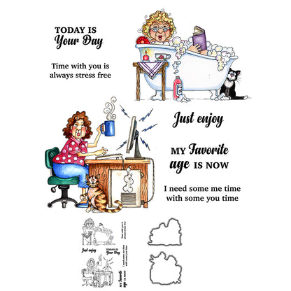 Old Lady And Pet Cat Relax Life Cutting Dies And Stamp Set YX1087-S+D
