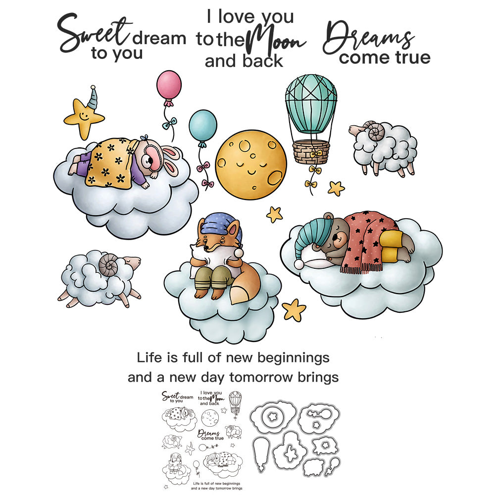 Cute Sleeping Animals On Cloud Beds Cutting Dies And Stamp Set YX875-S+D