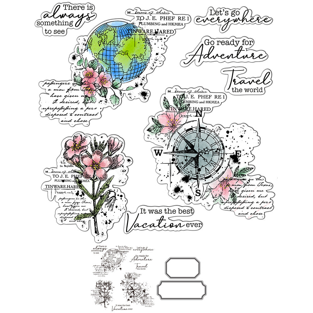 Travel Around The Earth And Flowers Cutting Dies And Stamp Set YX937-S+D