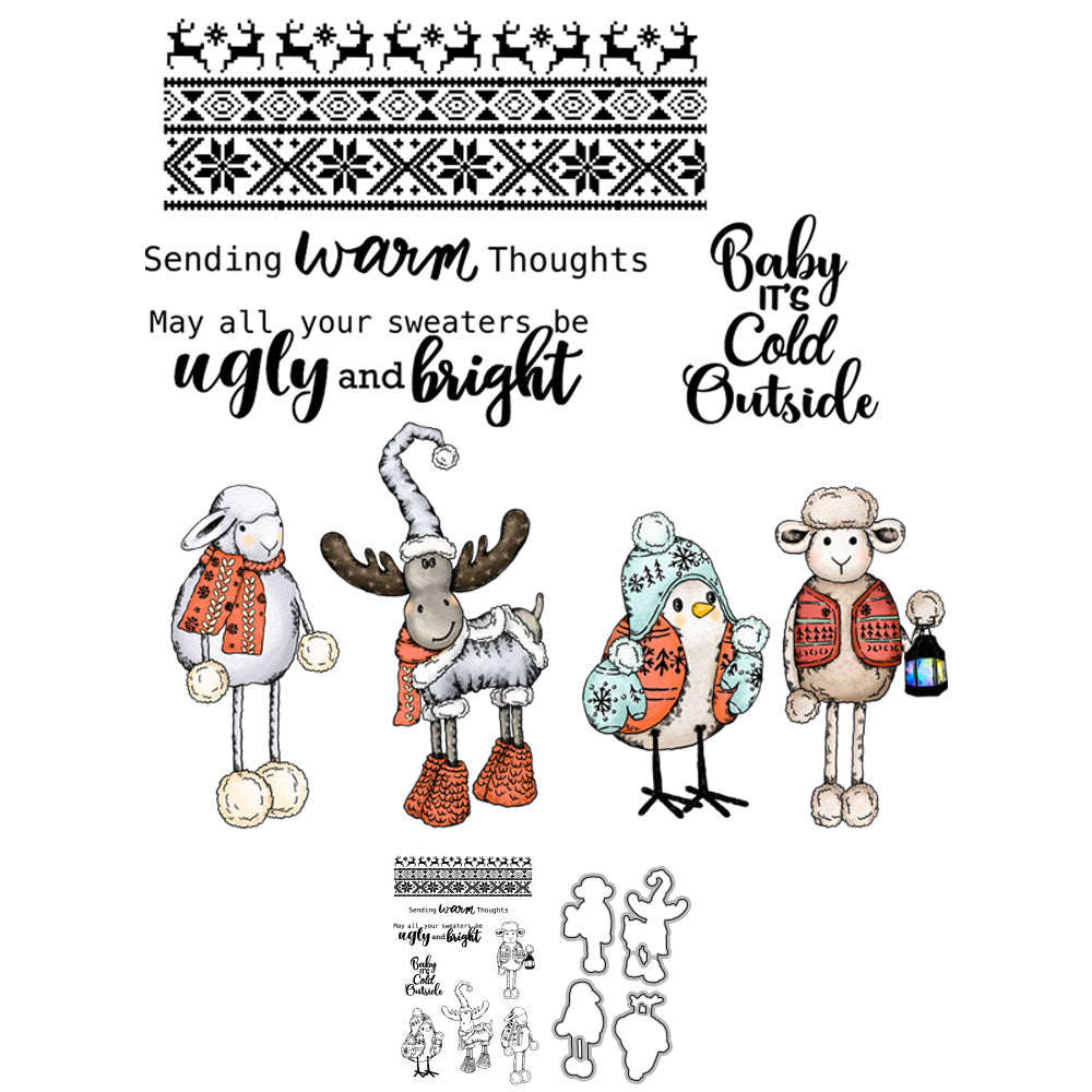 Adorable Animals In Warm Sweaters Winter Christmas Cutting Dies And Stamp Set YX823-S+D