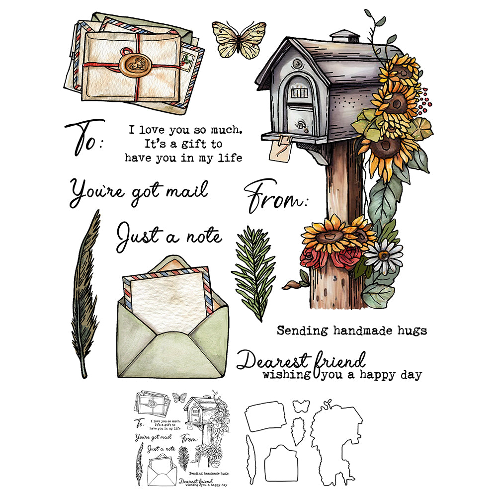 Letters And Mailbox With Sunflowers Decor Cutting Dies And Stamp Set YX1202-S+D
