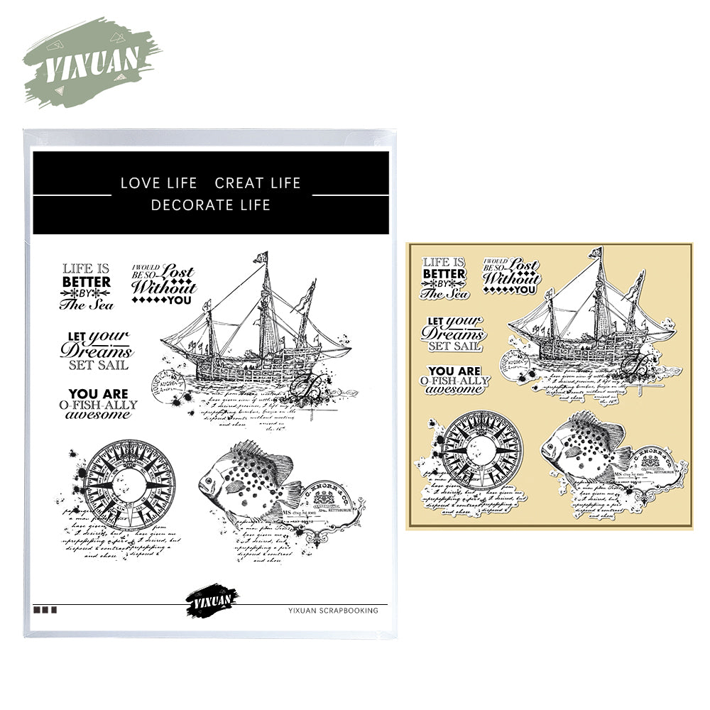 Vintage Compass Sea Sail Boat And Fish Clear Stamp YX1102