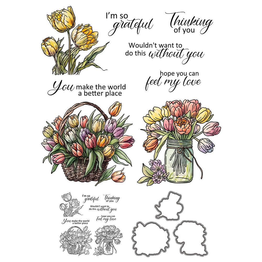 Baskets Of Blooming Flowers Tulip Cutting Dies And Stamp Set YX1182-S+D