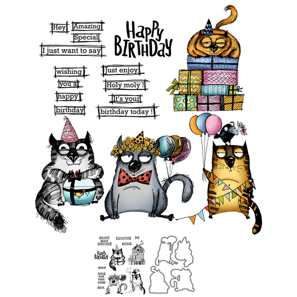 Happy Birthday Funny Cats And Gift Boxes Cutting Dies And Stamp Set YX855-S+D