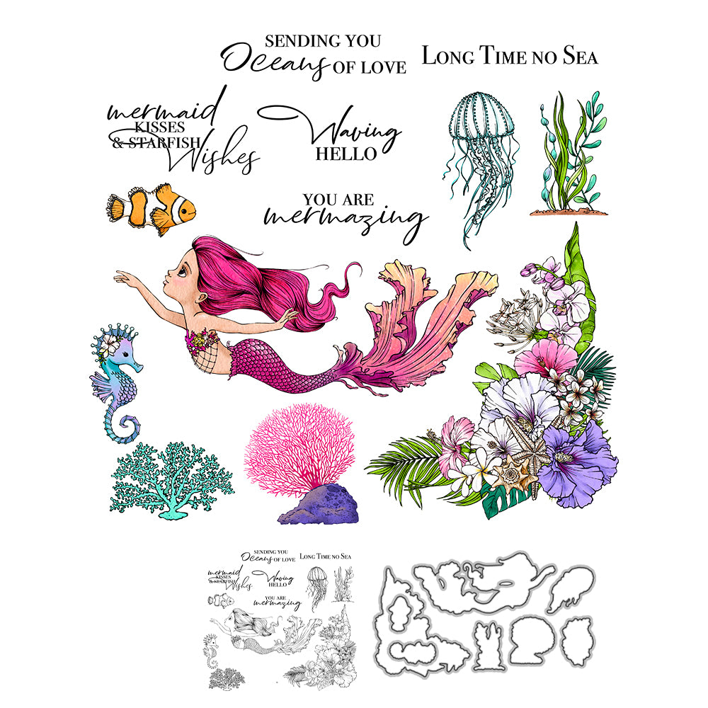 Sea Flowers And Beautiful Mermaid Cutting Dies And Stamp Set YX1021-S+D