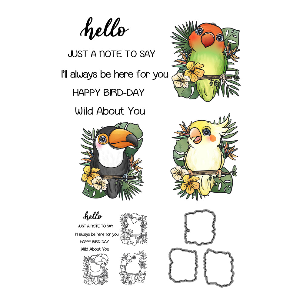 Spring Cute Cartoon Birds In Leaves Cutting Dies And Stamp Set YX1097-S+D