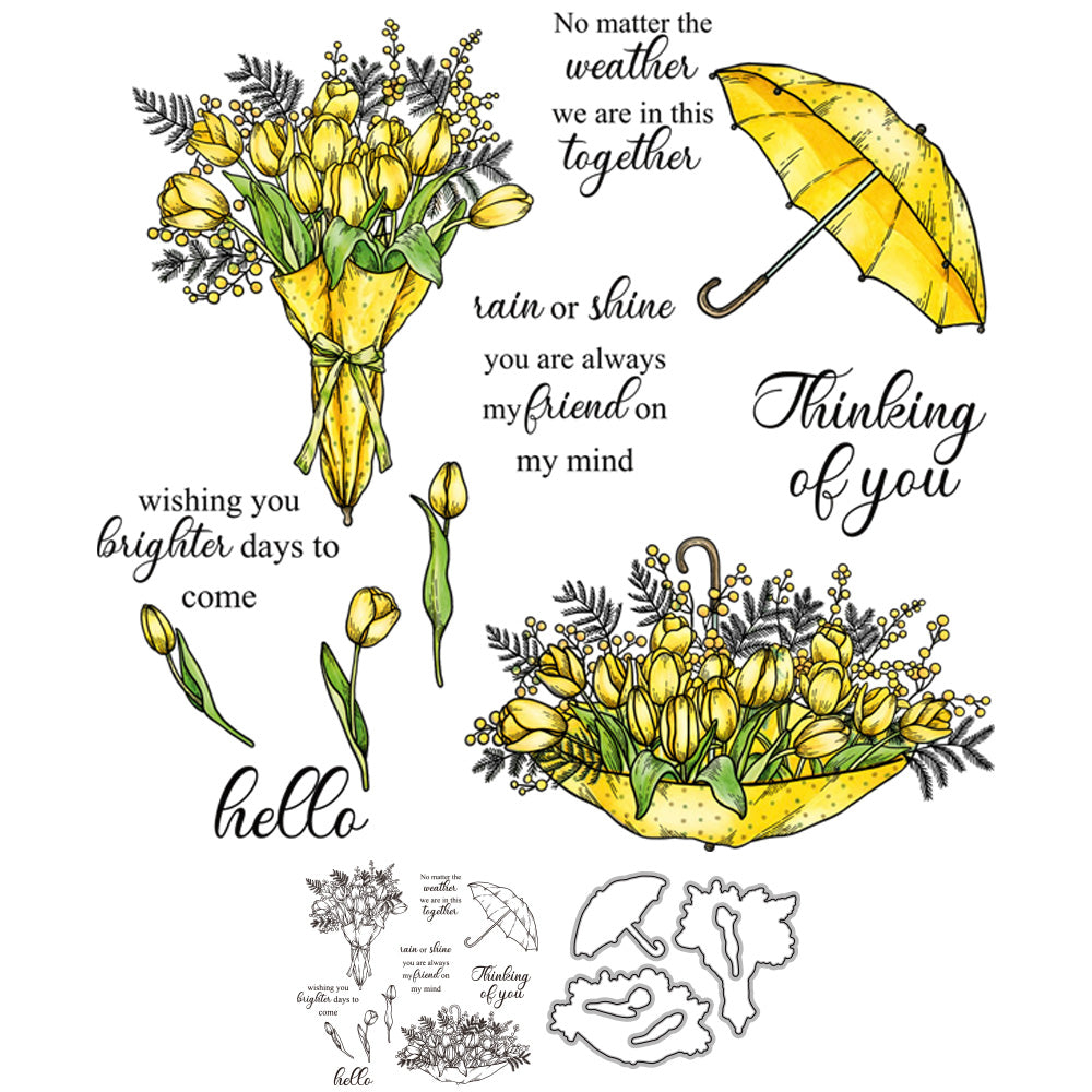Umbrella And Blooming Tulip Flowers Cutting Dies And Stamp Set YX951-S+D