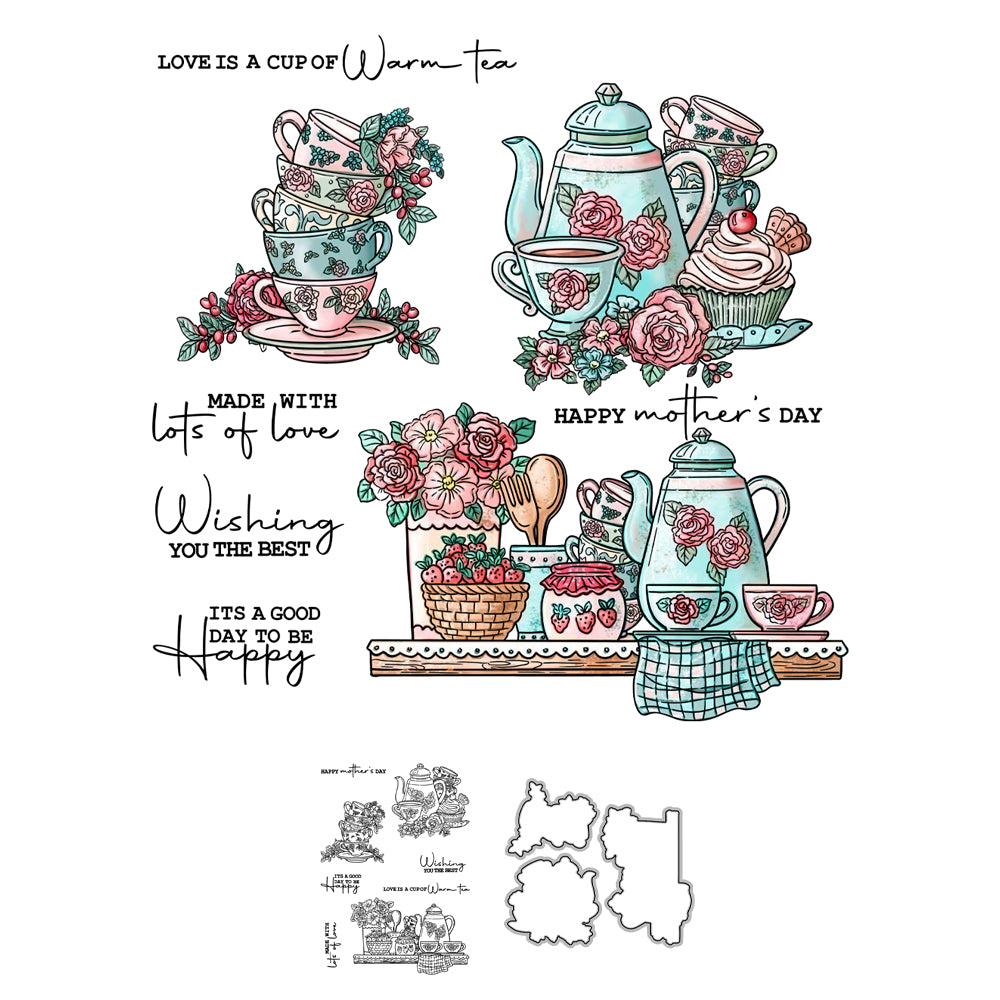 Vintage Roses Tea Set European Style Teapot Cups Cutting Dies And Stamp Set YX1077-S+D