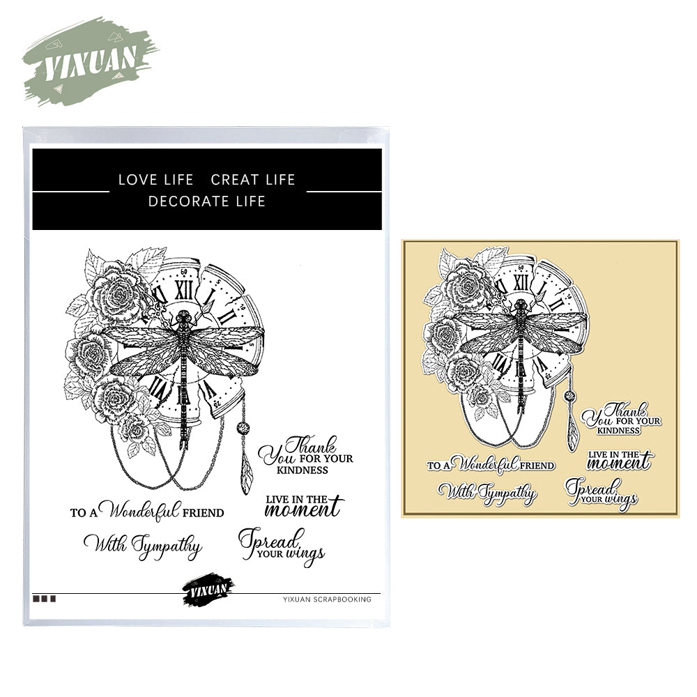 Vintage Roses Flower And Dragonfly Clock Clear Stamp YX1108