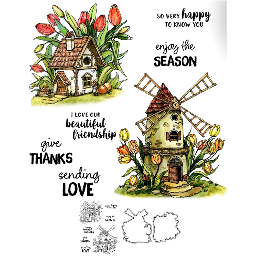 Vintage Country Cottage In Tulip Cutting Dies And Stamp Set YX765-S+D