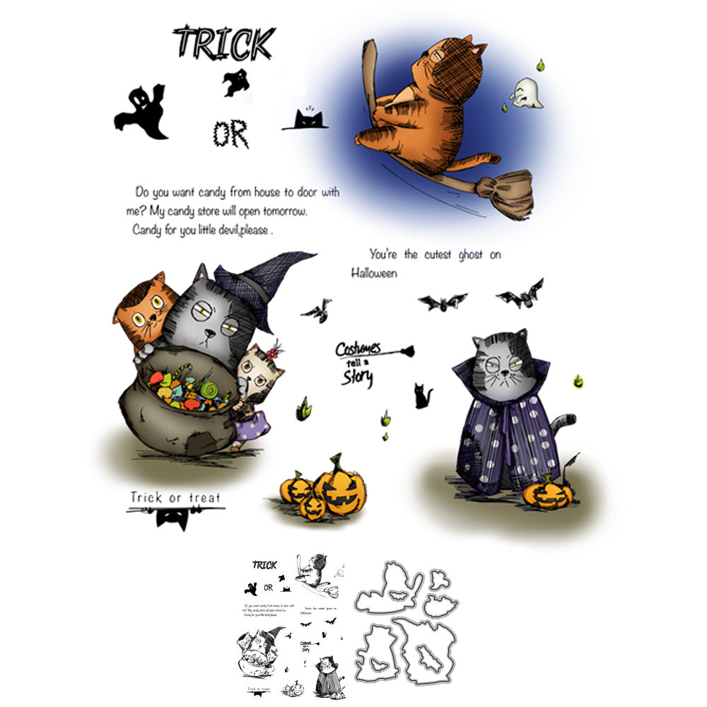 Funny Fatty Cats Witch Ghost Halloween Cutting Dies And Stamp Set YX032-S+D