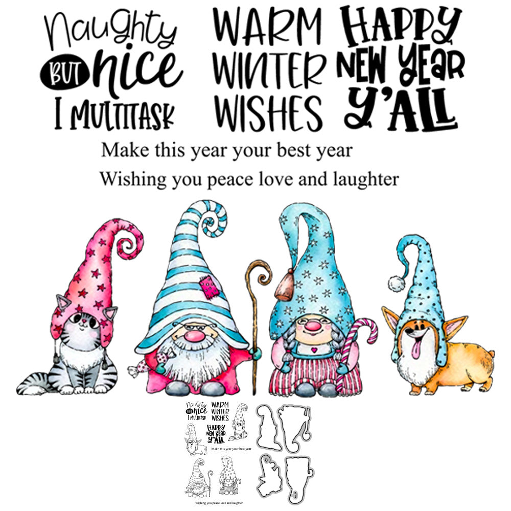 Cute Older And Pet Dog Cat Family Gnome Cutting Dies And Stamp Set YX811-S+D