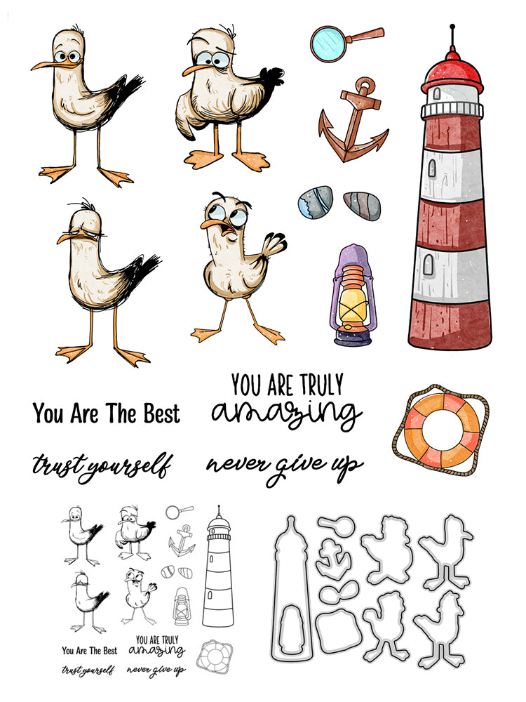 Lighthouse And Cute Funny Ducks Cutting Dies And Stamp Set YX485-S+D