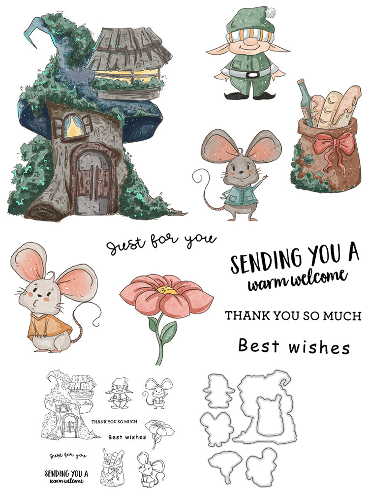 Kawaii Mouse Nature House Cutting Dies And Stamp Set YX479-S+D