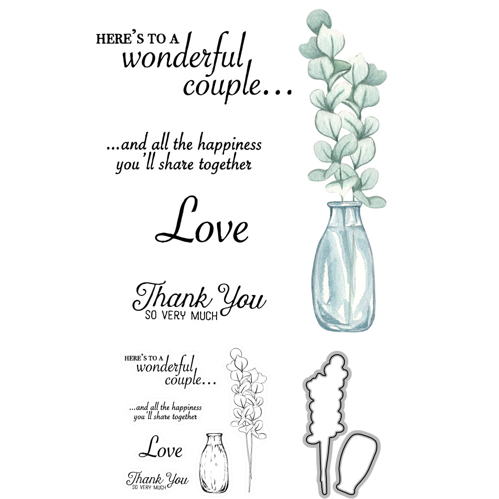 Desk Vase Bottle And Flowers Mini Cutting Dies And Stamp Set YX607-S+D