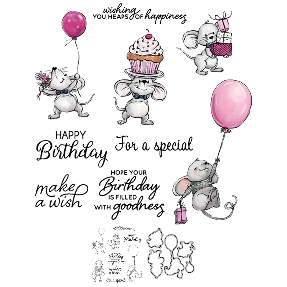 Adorable Mouse And Cupcake Happy Birthday Cutting Dies And Stamp Set YX584-S+D