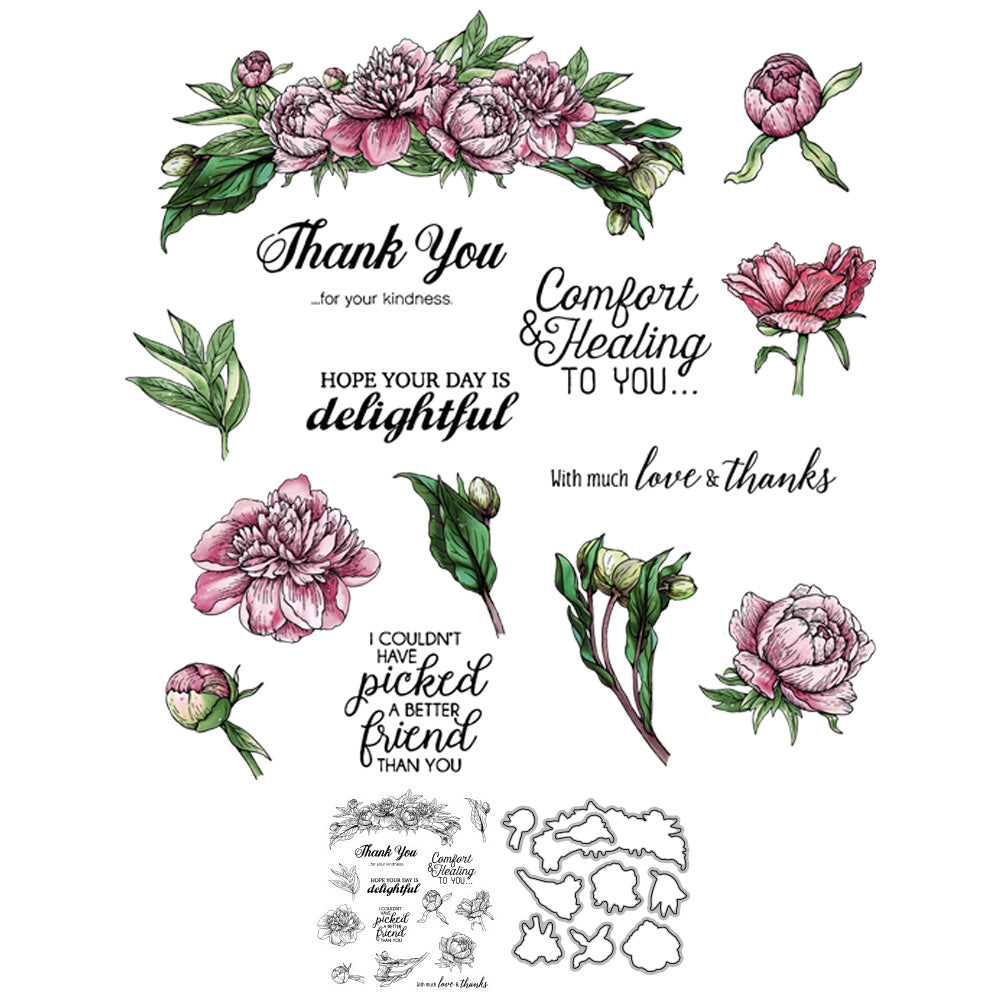 Blooming Peony Flowers Cutting Dies And Stamp Set YX651-S+D