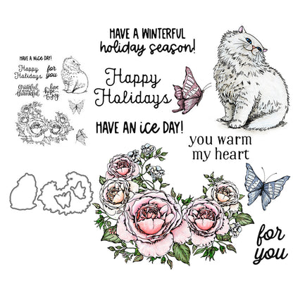 White Fatty Cat And Flowers Cutting Dies And Stamp Set YX507-S+D