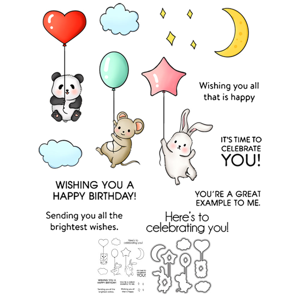 Animals And Balloons Cutting Dies And Stamp Set Happy Birthday Party YX645-S+D